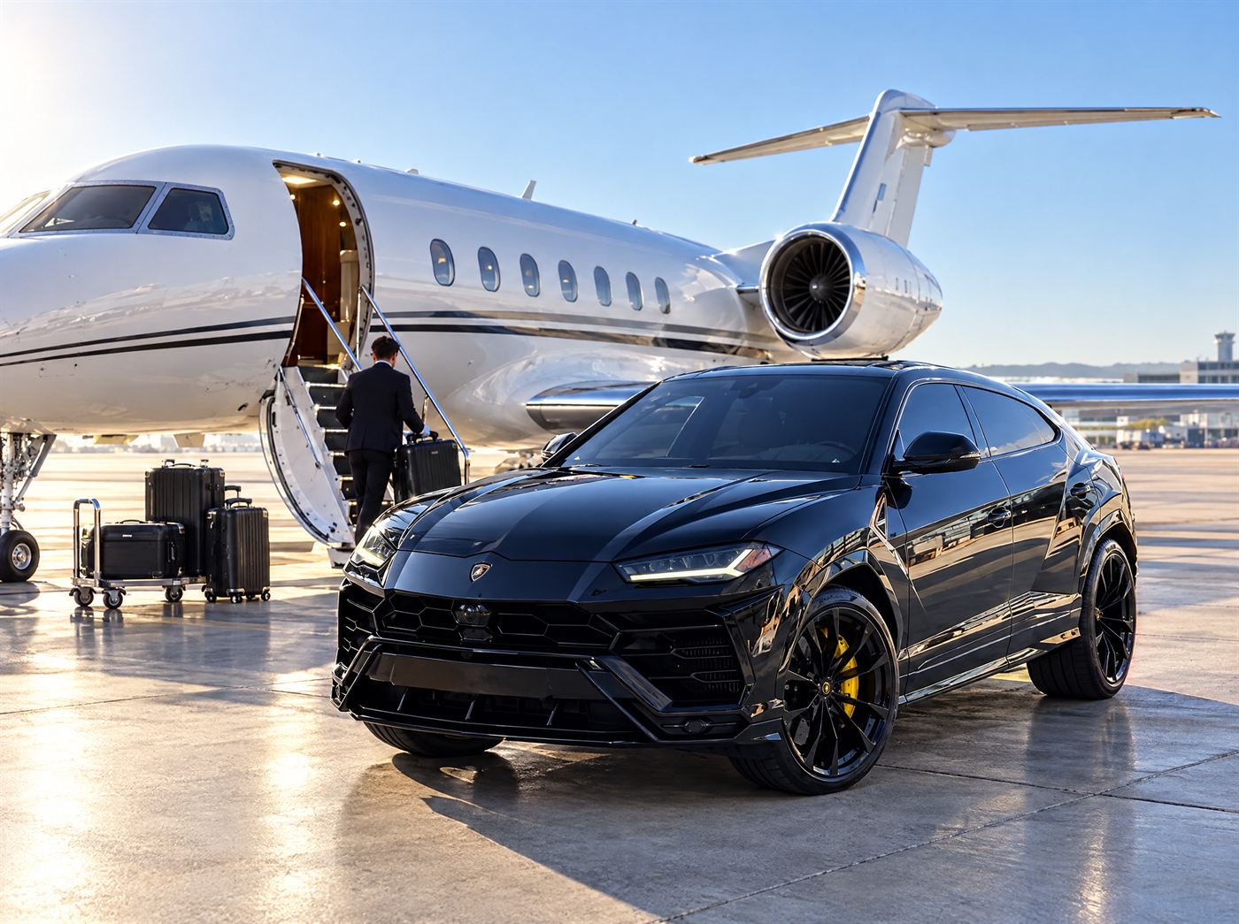 Black Lamborghini Urus beside a private jet on the tarmac
