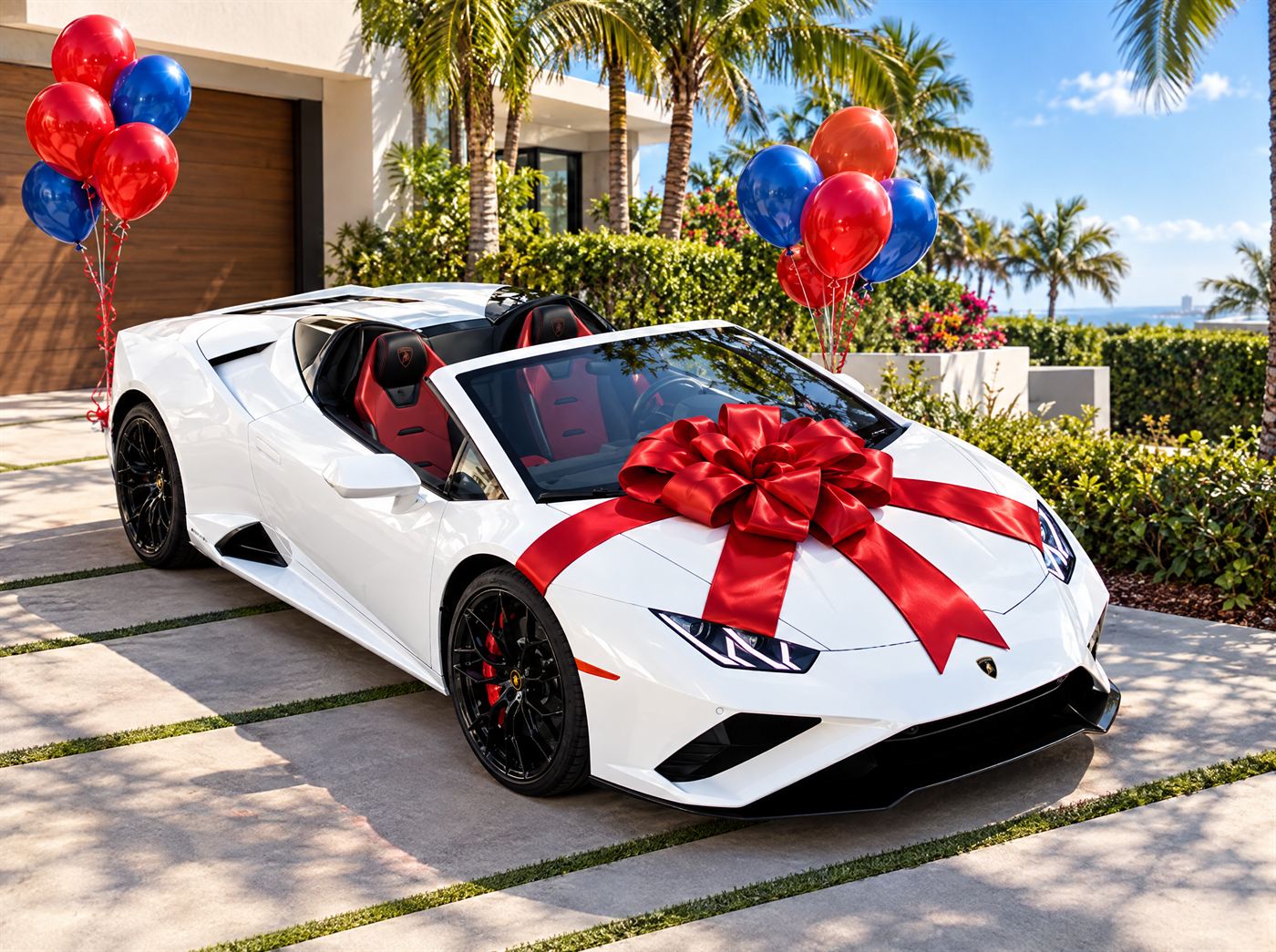White Lamborghini Huracan EVO Spyder with a giant red gift bow in a driveway