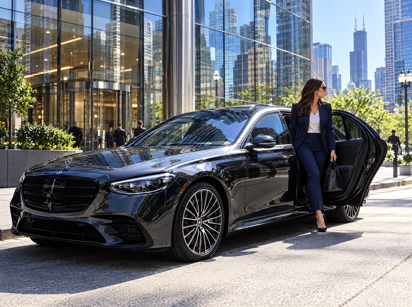 Executive stepping out of a black Mercedes-Benz S 580 in downtown Chicago