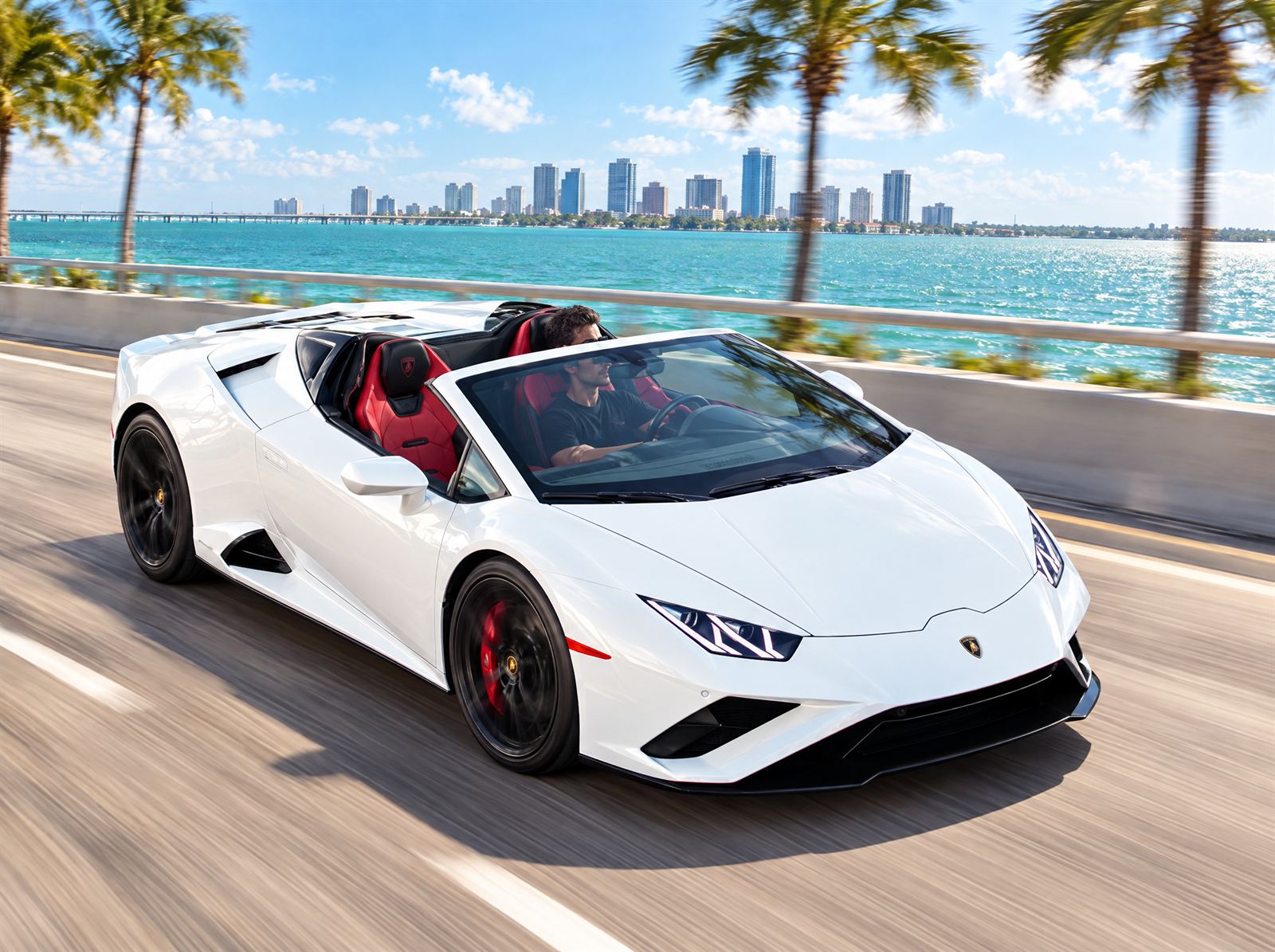 White Lamborghini Huracan EVO Spyder on the Courtney Campbell Causeway in Tampa Bay