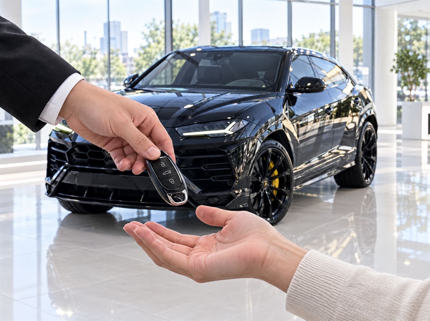 Car keys handed over in front of a black Lamborghini Urus