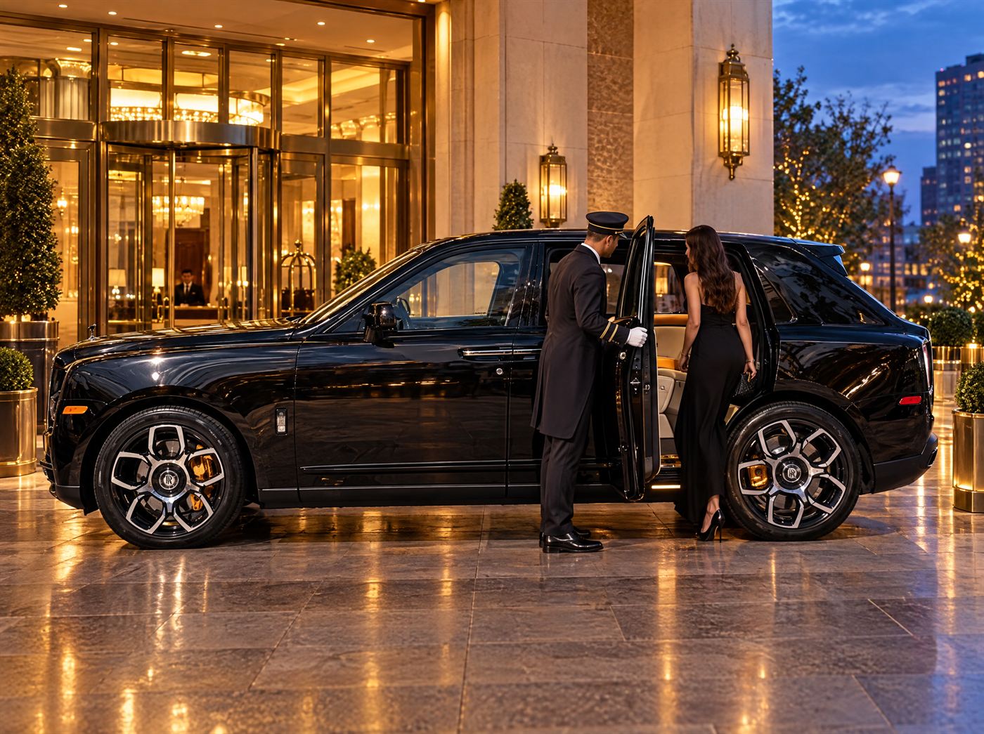 Rolls-Royce Cullinan at a luxury hotel entrance with a doorman