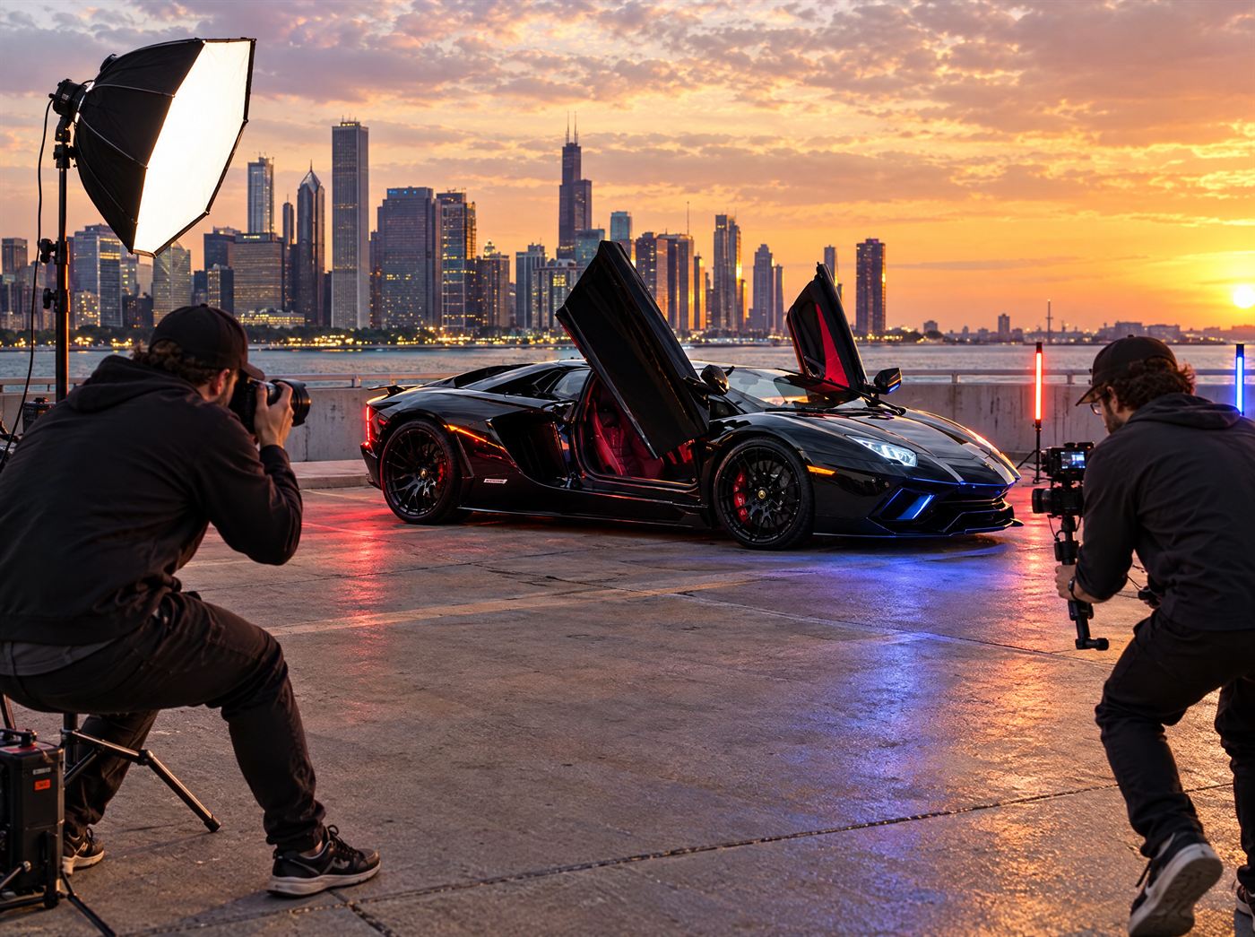 Photographer and videographer shooting a Lamborghini Aventador on a Chicago rooftop