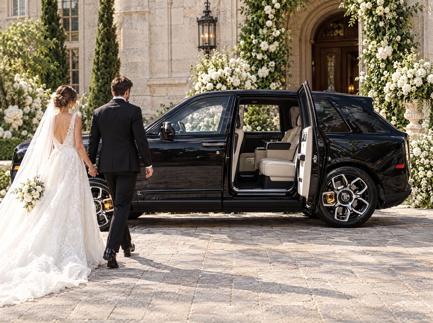 Bride and groom walking to a black Rolls-Royce Cullinan with its coach doors open