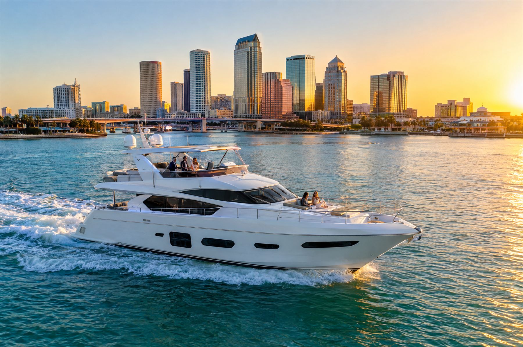 Luxury motor yacht cruising Tampa Bay at golden hour